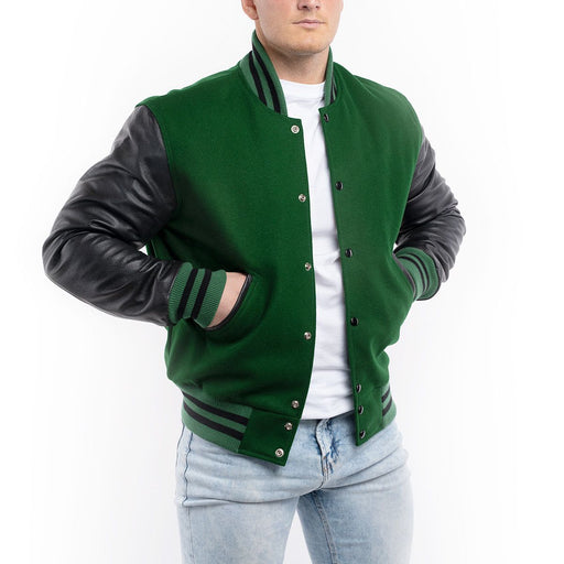 Green Wool Body & Black Leather Sleeves Letterman Jacket