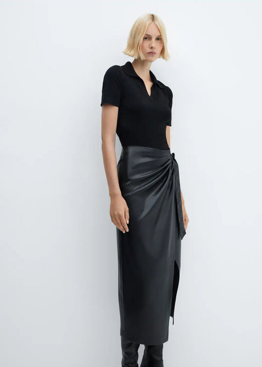 Women Ruffled Skirt - Draped Leather Effect Midi Skirt - MarryN