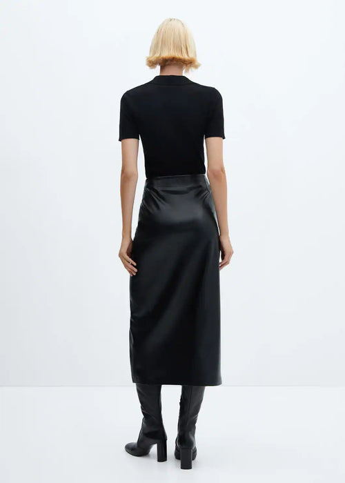 Women Ruffled Skirt - Draped Leather Effect Midi Skirt - MarryN