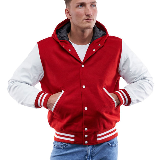 Red Wool Body & Bright White Sleeves Hoodie Letterman Jacket