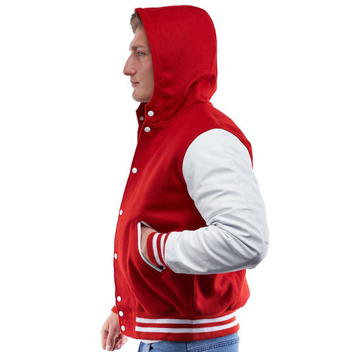 Red Wool Body & Bright White Sleeves Hoodie Letterman Jacket